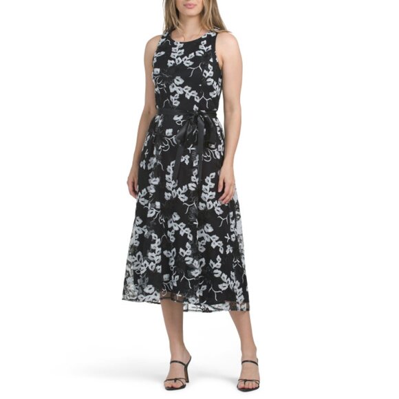 ALEX EVENINGS Black/white Embroidered Dress With Belt
